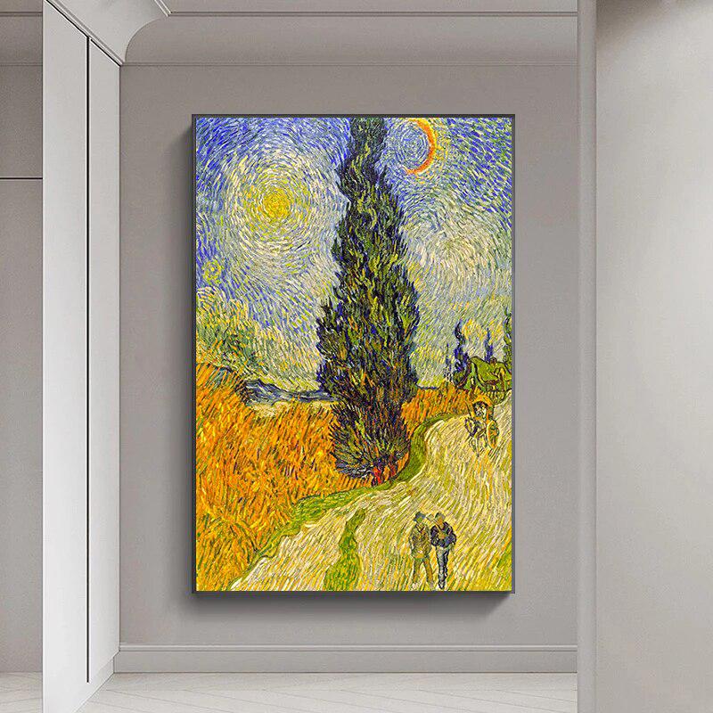 Road with Cypress and Star By Van Gogh Famous Painting Canvas Posters and Prints | Wall Art Decorative Pictures for Living Room